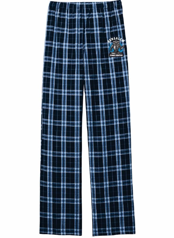 Navy Plaid navy and light blue plaid flannel pajama pants with the owl bot logo on the left leg
